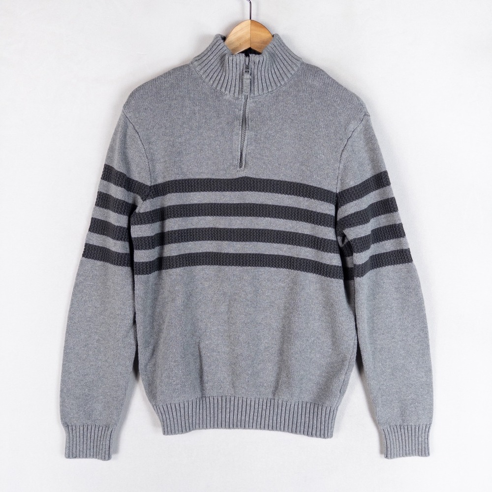 Tahari Mens Quarter Zip Sweater Medium Grey Striped Cotton Pullover Mock Neck